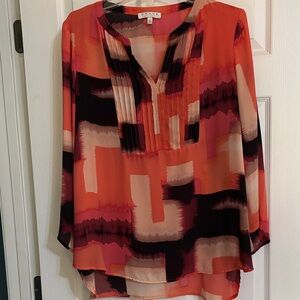 Chaus Coral and Black Abstract Pleated V-Neck Blouse